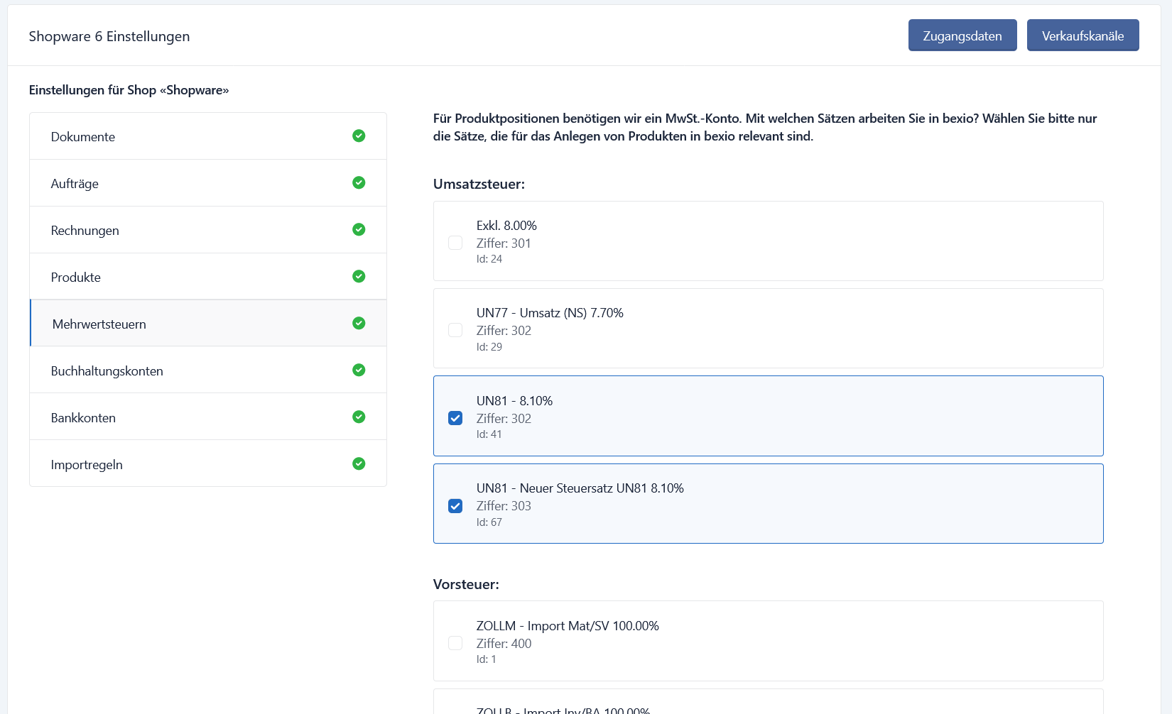 Mehrwertsteuersätze für Produkte auswählen