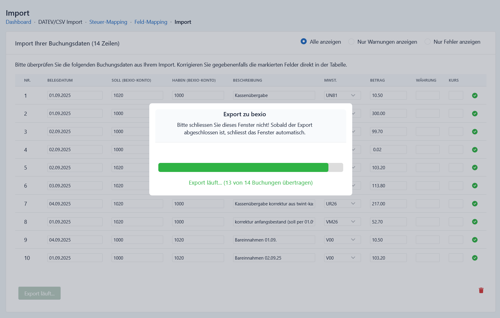 Live-Status des Imports