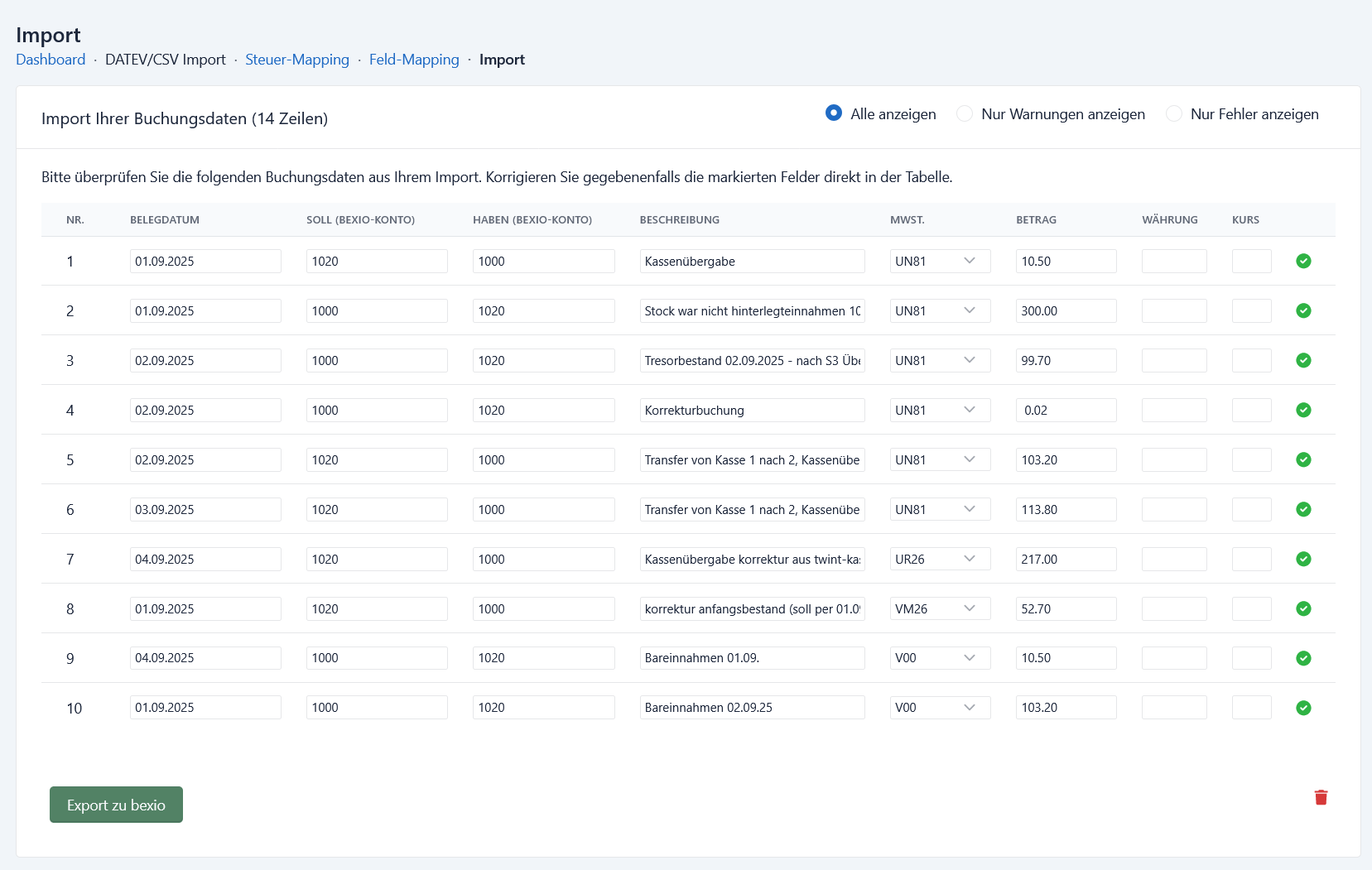 Korrigierte Daten nochmals prüfen